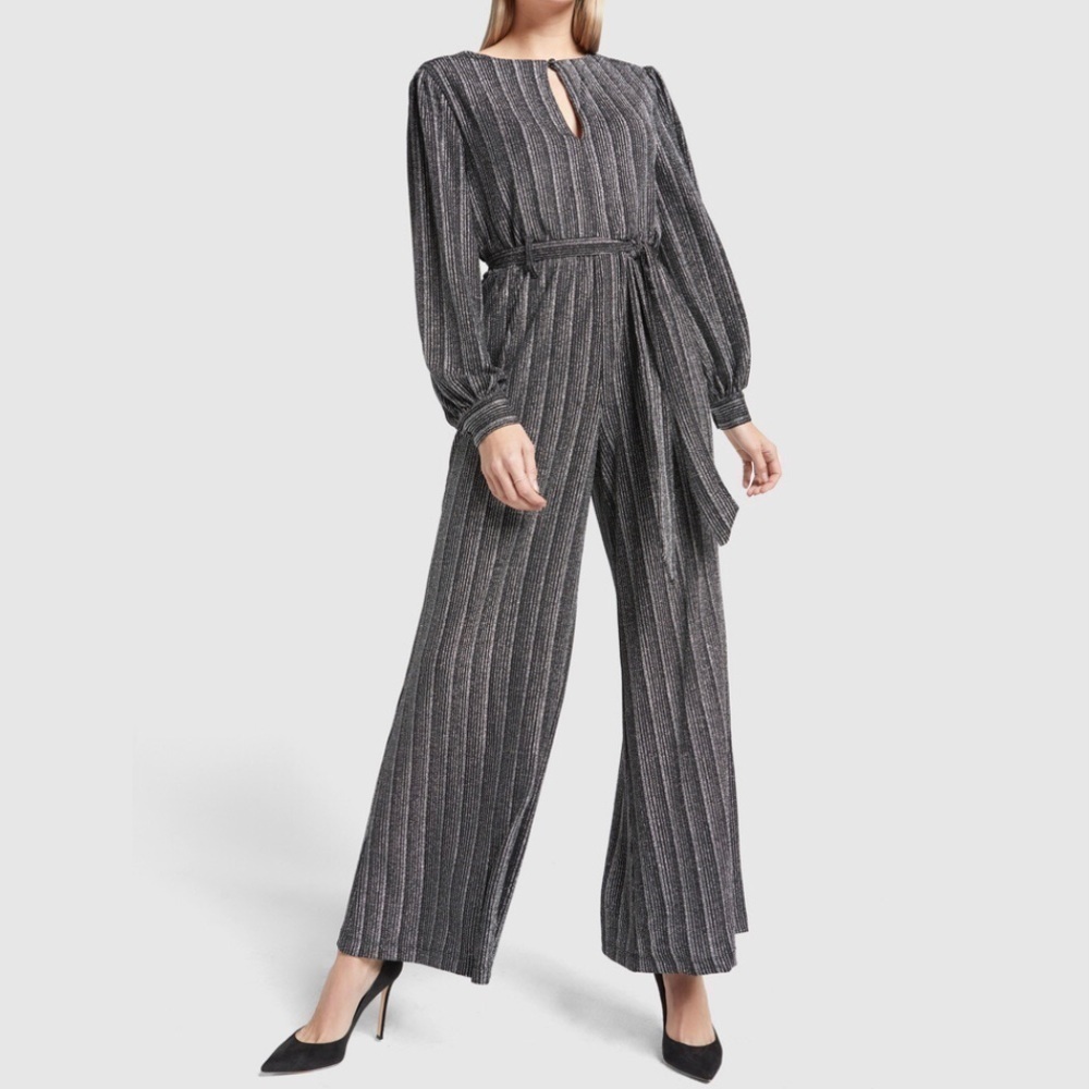 Retrofete Shira Metallic Wide Leg Striped Shimmer Jumpsuit Size XS Black Silver